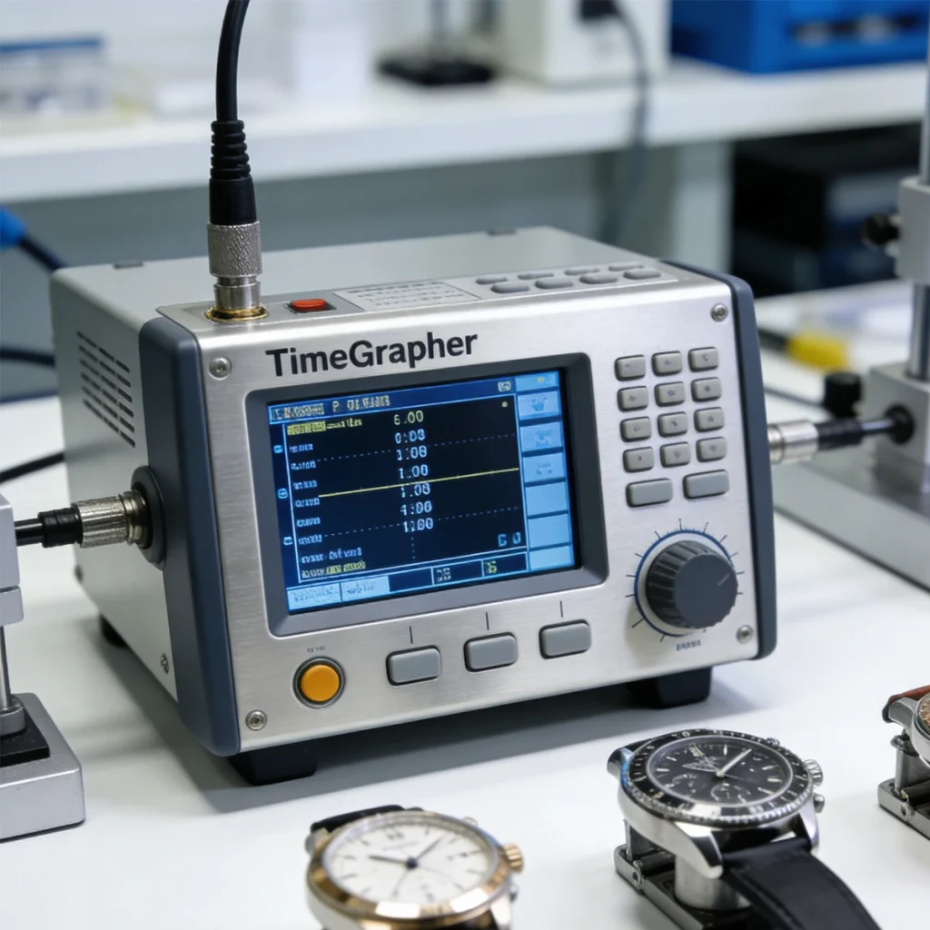 Professional timegrapher testing the beat rate and accuracy of a luxury replica watch during our 5-point QC process for UK customers.