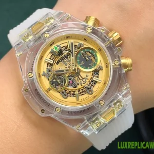 Hublot Big Bang Replica Watches 44mm Mens Gold Skeleton Dial Rubber Strap 1:1 Clone Watch