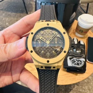Hublot Big Bang Replica Watches 43mm Mens Gold Dial Rubber Strap 1:1 Clone Watch