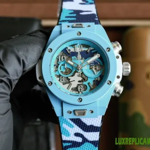 Hublot Big Bang Replica Watches 45mm Mens Blue Dial Rubber Strap 1:1 Clone Watch