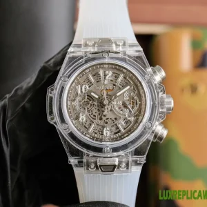 Hublot Big Bang Replica Watches 45mm Mens Clear Dial Rubber Strap 1:1 Clone Watch