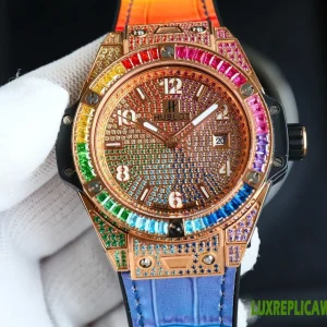 Hublot Big Bang Replica Watches 43mm Mens Rainbow Dial Leather Strap 1:1 Clone Watch