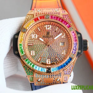 Hublot Big Bang Replica Watches 43mm Mens Diamond Dial Leather Strap 1:1 Clone Watch