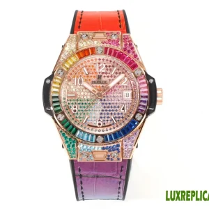 Hublot Big Bang Rainbow Replica Watches 39mm Womens Diamond Dial Leather Strap 1:1 Clone Watch