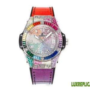 Hublot Big Bang Rainbow Replica Watches 39mm Womens Diamond Dial Leather Strap 1:1 Clone Watch