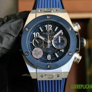 Hublot Big Bang Replica Watches 44mm Mens Blue Dial Rubber Strap 1:1 Clone Watch