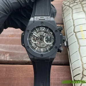 Hublot Big Bang Replica Watches 44mm Mens Black Skeleton Dial Rubber Strap 1:1 Clone Watch