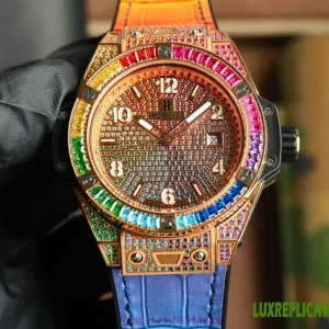 Hublot Big Bang Replica Watches 44mm Mens Rainbow Dial Leather Strap 1:1 Clone Watch
