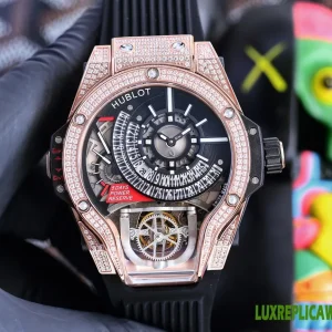 Hublot MP-09 Tourbillon Replica Watches 45mm Mens Black Dial Rubber Strap 1:1 Clone Watch