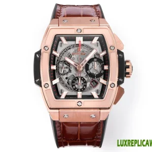 Hublot Spirit of Big Bang Replica Watches 45mm Mens Skeleton Dial Brown Leather Strap 1:1 Clone Watch
