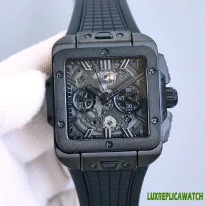 Hublot Square Bang Unico Replica Watches 45mm Mens Black Dial Rubber Strap 1:1 Clone Watch