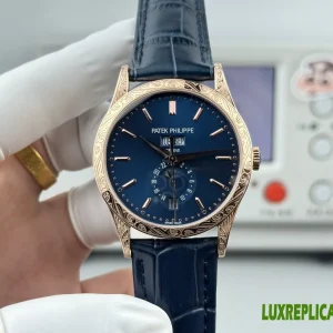 Patek Philippe Complications Replica Watches 38.5mm Mens Blue Dial Leather Strap 1:1 Clone Watch