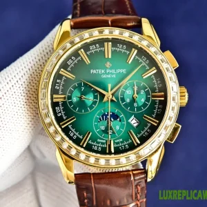 Patek Philippe Aquanaut Replica Watches 44mm Mens Green Dial Leather Strap 1:1 Clone Watch