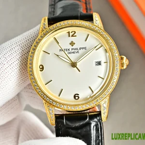 Patek Philippe Calatrava Replica Watches 39mm Mens White Dial Leather Strap 1:1 Clone Watch