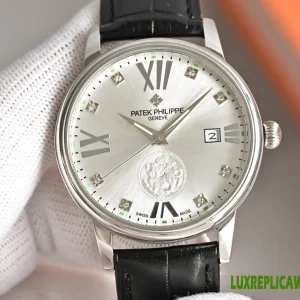 Patek Philippe Calatrava Replica Watches 40mm Mens Silver Dial Leather Strap 1:1 Clone Watch