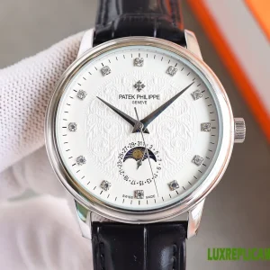 Patek Philippe Celestial Replica Watches 40mm Mens White Dial Leather Strap 1:1 Clone Watch