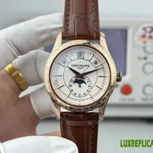 Patek Philippe Complicated Functions Replica Watches 40mm Mens White Dial Leather Strap 1:1 Clone Watch
