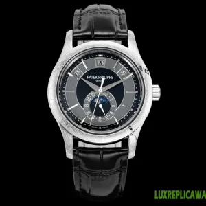 Patek Philippe Nautilus Replica Watches 40mm Mens Black Dial Leather Strap 1:1 Clone Watch