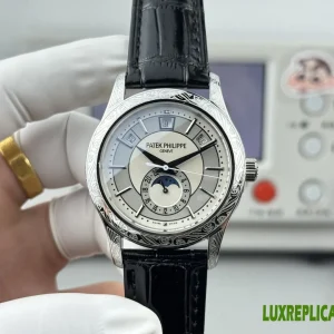 Patek Philippe Complicated Functions Replica Watches 40mm Mens Silver Dial Leather Strap 1:1 Clone Watch
