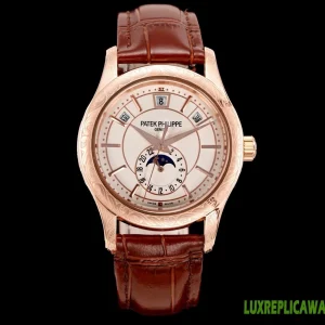 Patek Philippe Complicated Functions Replica Watches 40mm Mens Cream Dial Leather Strap 1:1 Clone Watch