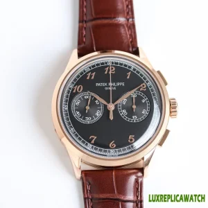 Patek Philippe Chronograph Replica Watches 42mm Mens Black Dial Leather Strap 1:1 Clone Watch