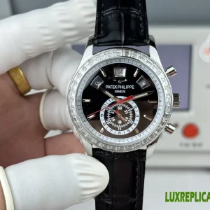 Patek Philippe Complications Replica Watches 40mm Mens Black Dial Leather Strap 1:1 Clone Watch