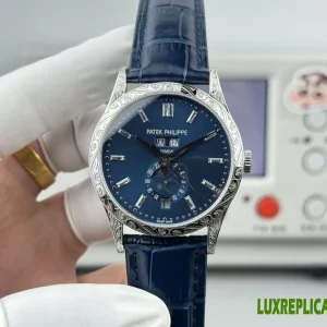 Patek Philippe Complicated Watches Replica Watches 38.5mm Mens Blue Dial Leather Strap 1:1 Clone Watch