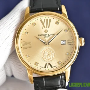 Patek Philippe Pixiu Replica Watches 40mm Mens Gold Dial Leather Strap 1:1 Clone Watch