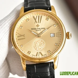 Patek Philippe Pi Xiu Replica Watches 40mm Mens Gold Dial Leather Strap 1:1 Clone Watch
