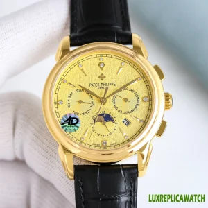 Patek Philippe Complications Replica Watches 42mm Mens Gold Dial Leather Strap 1:1 Clone Watch