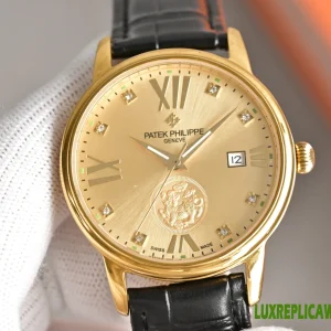 Patek Philippe Gondolo Replica Watches 40mm Mens Gold Dial Leather Strap 1:1 Clone Watch