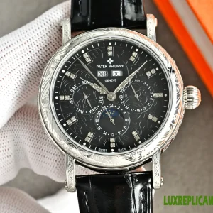 Patek Philippe Grand Complications Replica Watches 42mm Mens Black Dial Leather Strap 1:1 Clone Watch
