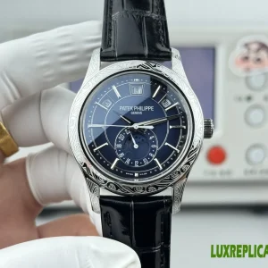 Patek Philippe Nautilus Replica Watches 40mm Mens Blue Dial Leather Strap 1:1 Clone Watch
