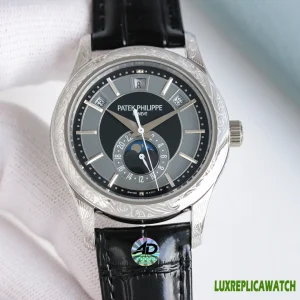 Patek Philippe Nautilus Replica Watches 40mm Mens Grey Dial Leather Strap 1:1 Clone Watch