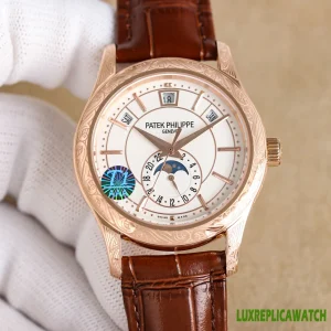Patek Philippe Nautilus Replica Watches 40mm Mens White Dial Leather Strap 1:1 Clone Watch