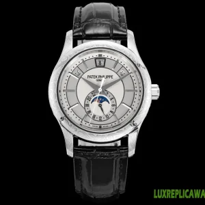 Patek Philippe Nautilus Replica Watches 40mm Mens Silver Dial Leather Strap 1:1 Clone Watch