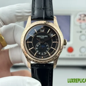 Patek Philippe Nautilus Replica Watches 40mm Mens Black Dial Leather Strap 1:1 Clone Watch