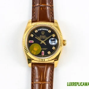 Rolex Day-Date Replica Watches 36mm Mens Black Dial Leather Strap 1:1 Clone Watch