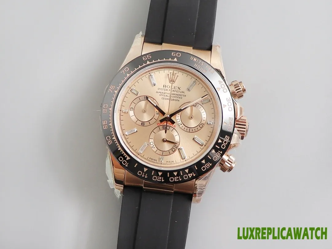 Rolex Daytona Replica Watches 40mm Mens Champagne Dial Rubber Strap 1:1 Clone Watch
