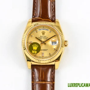 Rolex Day-Date Replica Watches 36mm Mens Gold Dial Leather Strap 1:1 Clone Watch