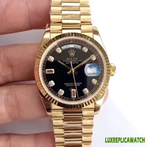 Rolex Day-Date Replica Watches 40mm Mens Black Dial Metal Bracelet 1:1 Clone Watch