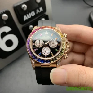 Rolex Daytona Rainbow Replica Watches 40mm Mens Black Dial Rubber Strap 1:1 Clone Watch
