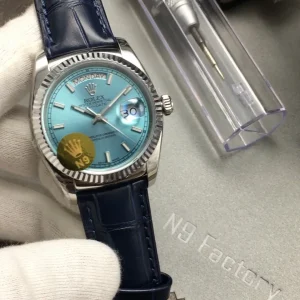Rolex Day-Date Replica Watches 36mm Mens Ice Blue Dial Leather Strap 1:1 Clone Watch