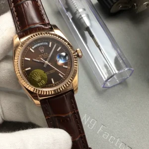 Rolex Day-Date Replica Watches 36mm Mens Rose Gold Dial Leather Strap 1:1 Clone Watch