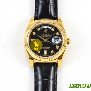 Rolex Day-Date Replica Watches 36mm Mens Black Dial Leather Strap 1:1 Clone Watch