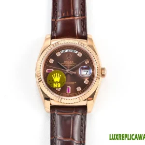 Rolex Day-Date Replica Watches 36mm Mens Brown Dial Leather Strap 1:1 Clone Watch