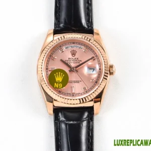 Rolex Day-Date Replica Watches 36mm Mens Rose Gold Dial Leather Strap 1:1 Clone Watch