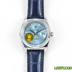 Rolex Day-Date Replica Watches 36mm Mens Ice Blue Dial Leather Strap 1:1 Clone Watch