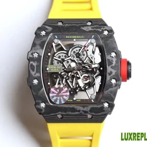 Richard Mille RM35-02 Replica Watches 50mm Mens Yellow Dial Rubber Strap 1:1 Clone Watch