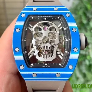 Richard Mille Skull Collection Replica Watches 45mm Mens Blue Dial Rubber Strap 1:1 Clone Watch
